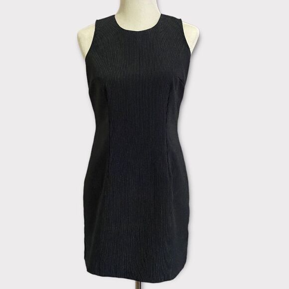Vintage Midi Black Sheath Fitted Academia Striped Stretch Zip Sleeveless Dress - Picture 3 of 10